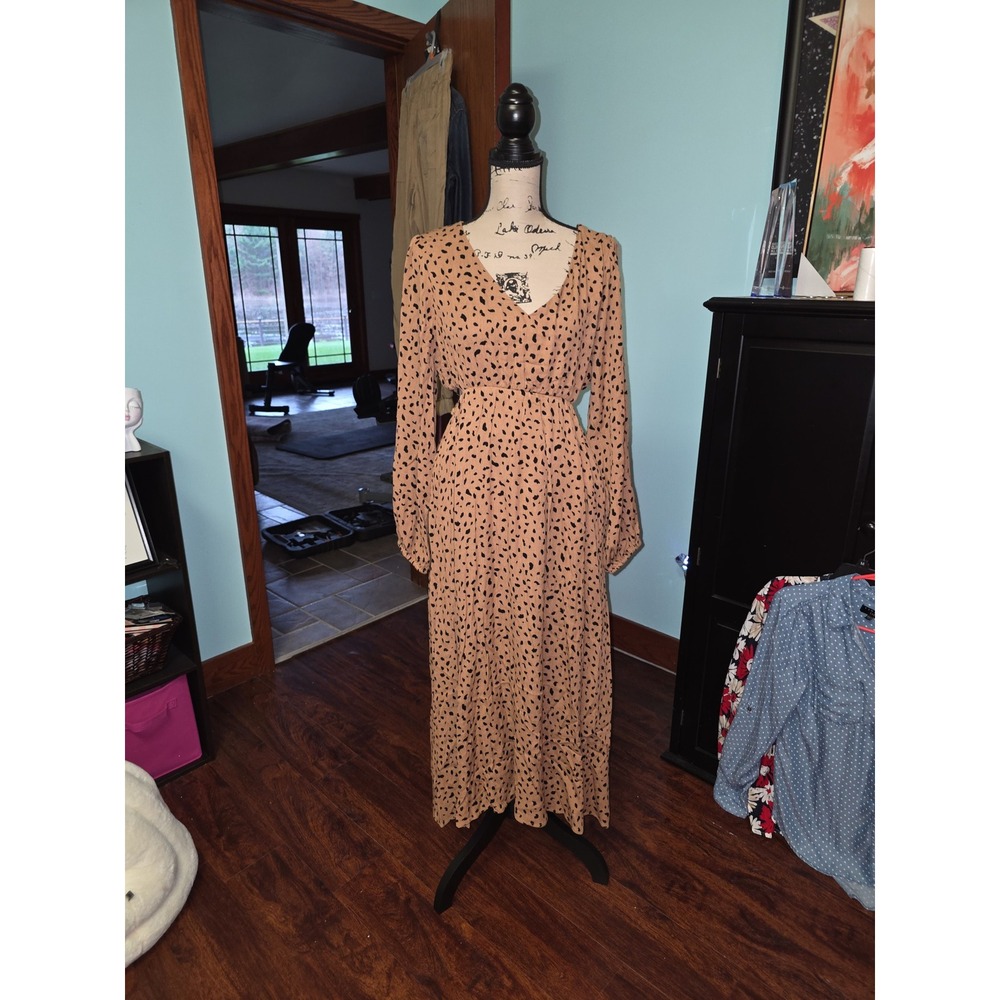 Gilli Tan Black Spot‎ Print Long Sleeve Maxi Dress Side Cut Out AD3275 NWT L